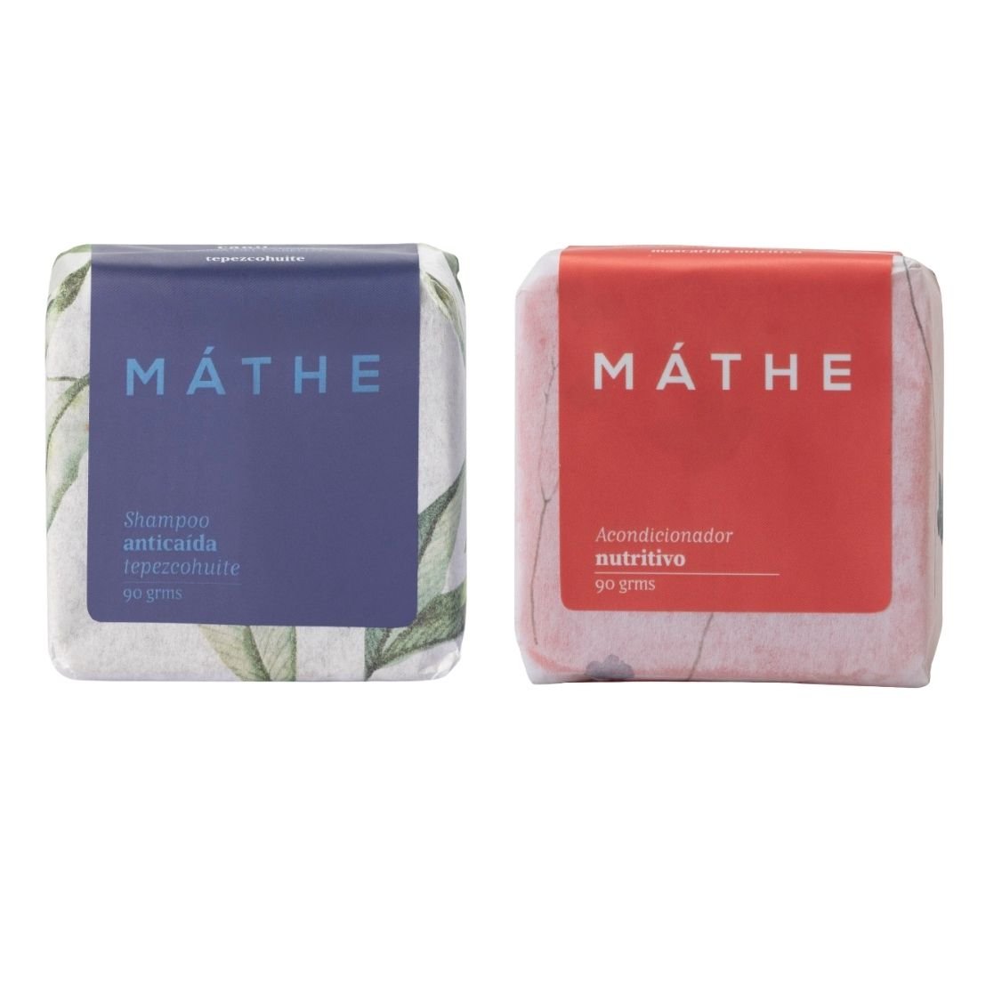 Dúo anticaída y control de frizz de Máthe con champú sólido de tepezcohuite y acondicionador nutritivo, cosmética natural artesanal hecha a mano.