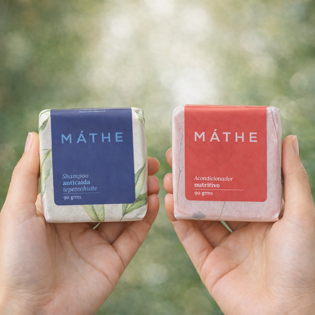 Dúo anticaída y control de frizz Máthe con champú sólido de tepezcohuite y acondicionador nutritivo, cosmética natural y artesanal hecha a mano.