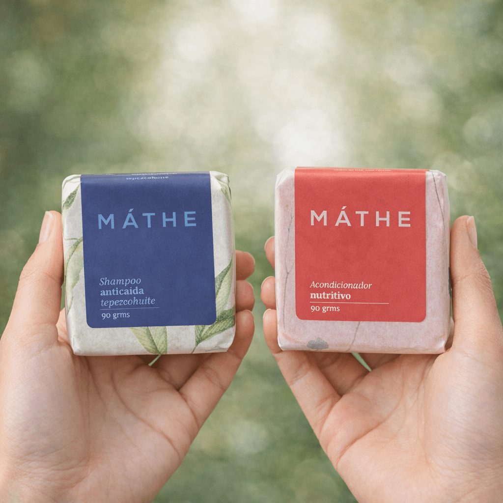 Dúo anticaída y control de frizz Máthe con champú sólido de tepezcohuite y acondicionador nutritivo, cosmética natural y artesanal hecha a mano.