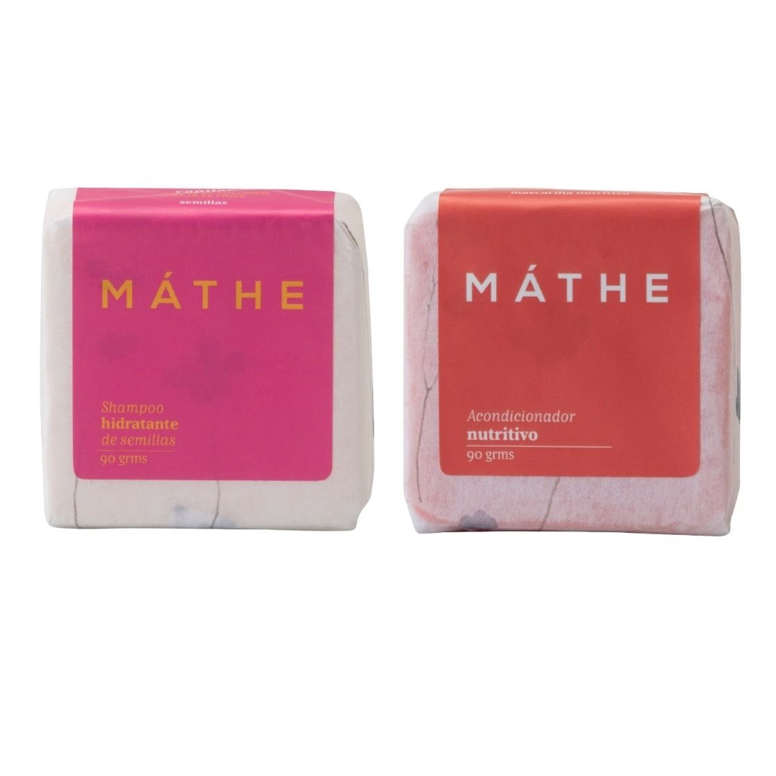 Dúo capilar Máthe de champú hidratante de semillas y acondicionador nutritivo, cosmética sólida natural hecha a mano.